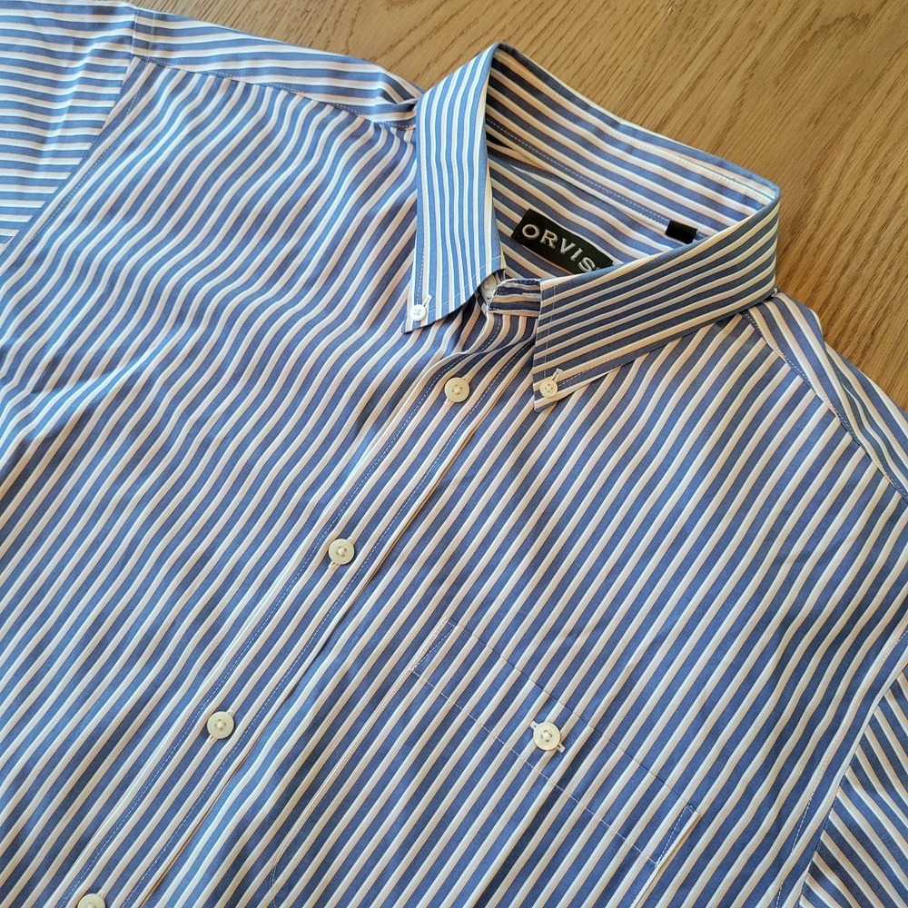 Orvis Shirt Men's XL Blue Yellow Striped Cotton Relaxed Fit Short Sleeve